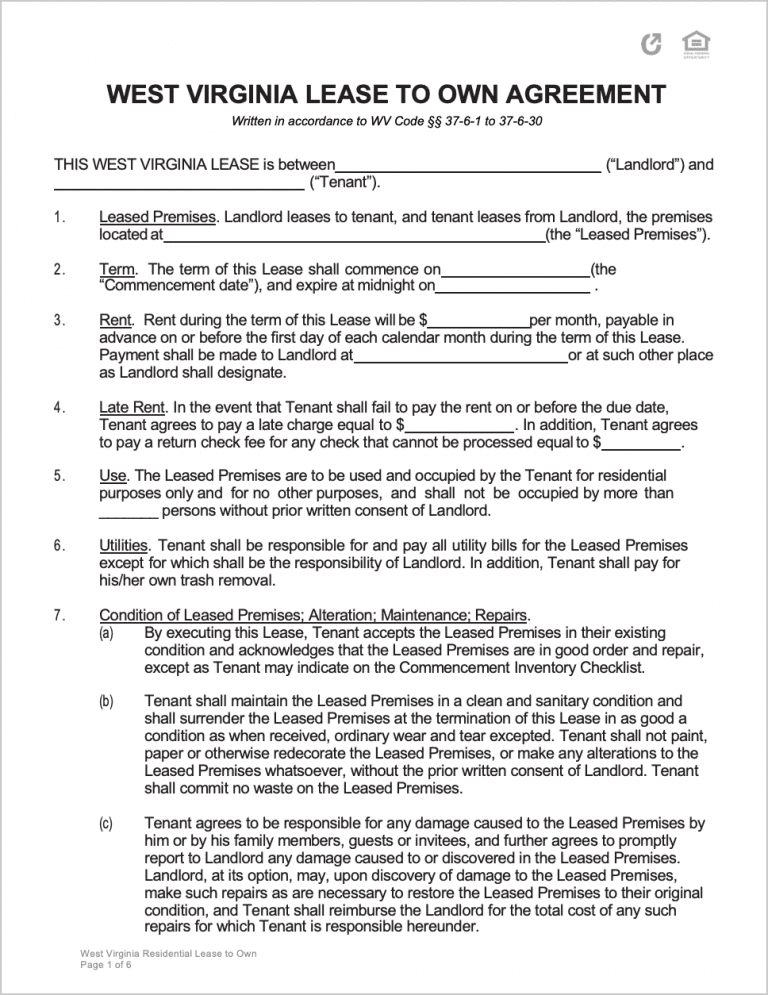 Free West Virginia Lease to Own Agreement PDF WORD
