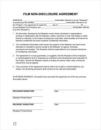 Free Film / Movie Non Disclosure Agreement Template PDF WORD RTF