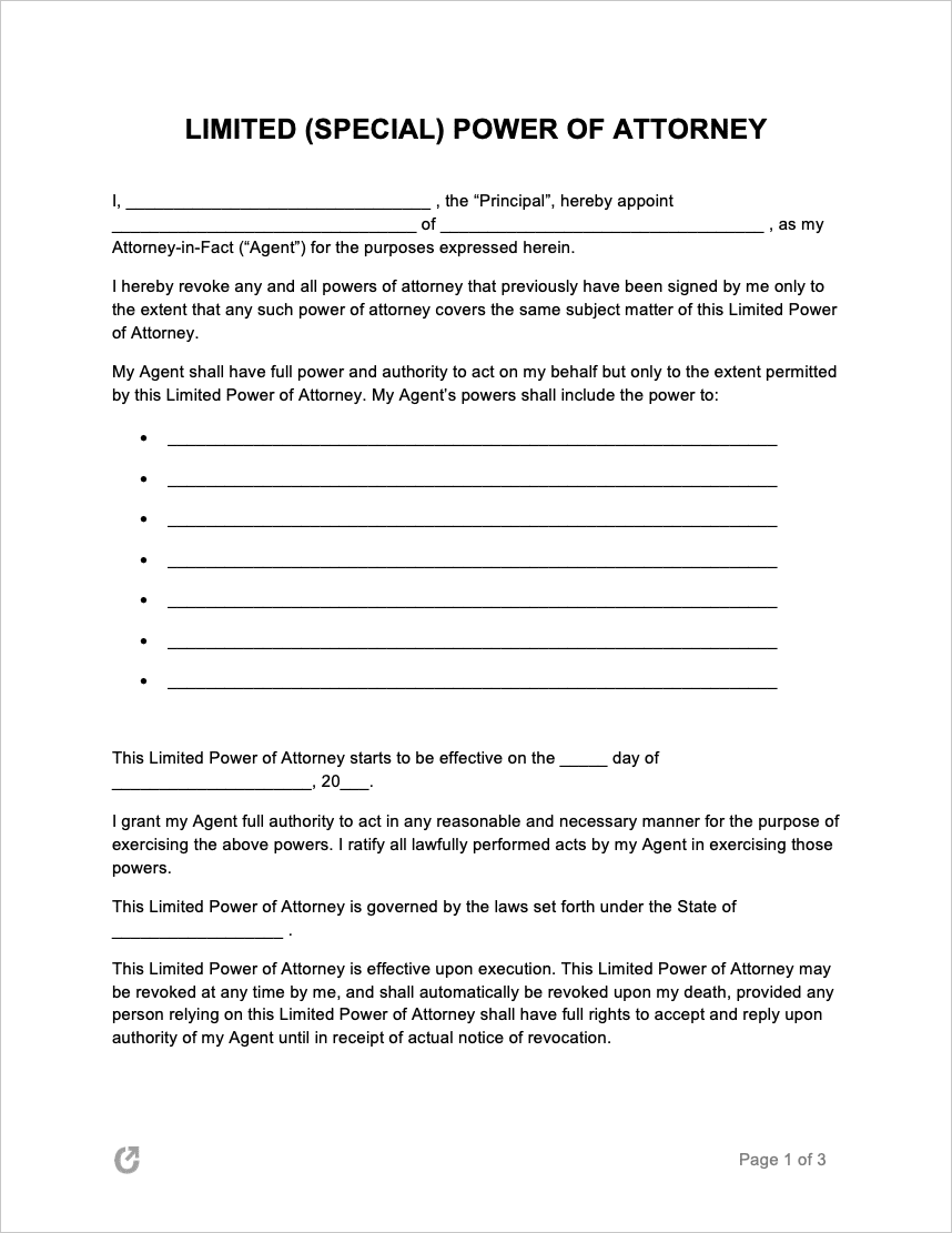 Free Limited Special Power Of Attorney Forms Pdf Word Rtf 6558