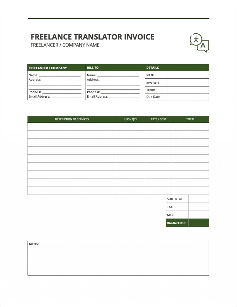 Freelance Translator Invoice Template preview