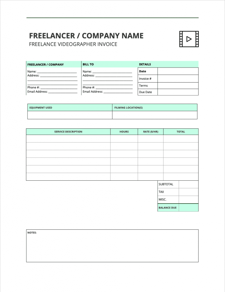 Freelance Videographer Invoice Template preview