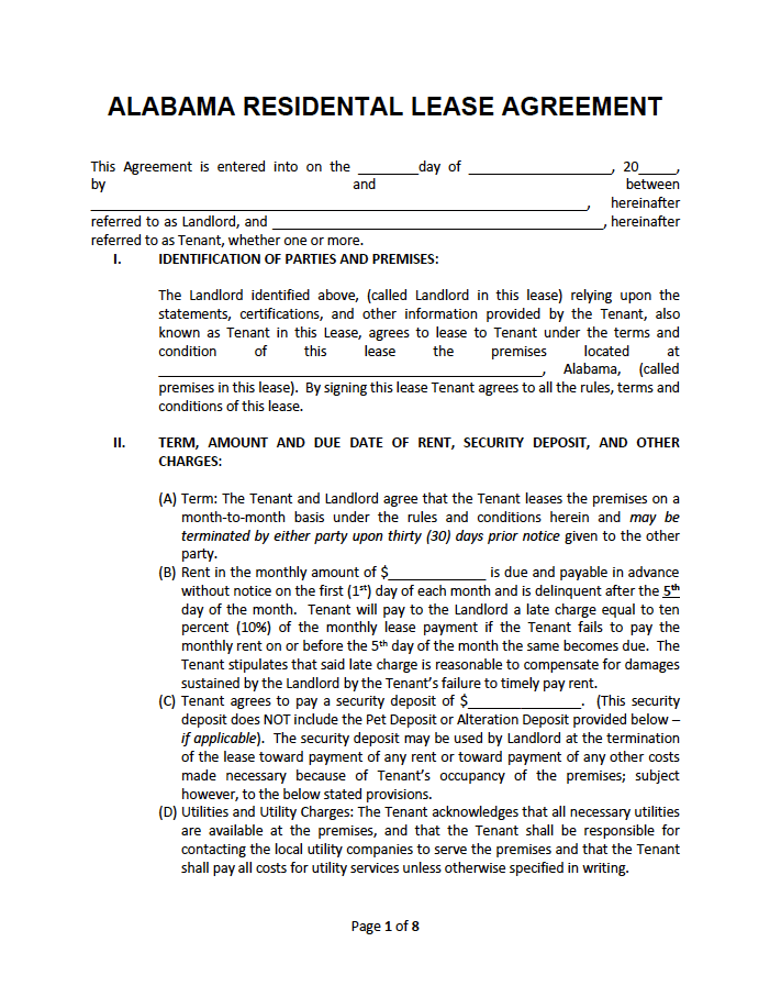 Free Printable Alabama Lease Agreement