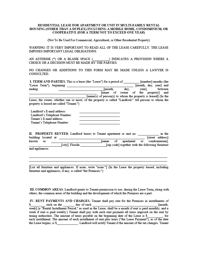 Free Florida Standard Residential Lease Agreement | PDF