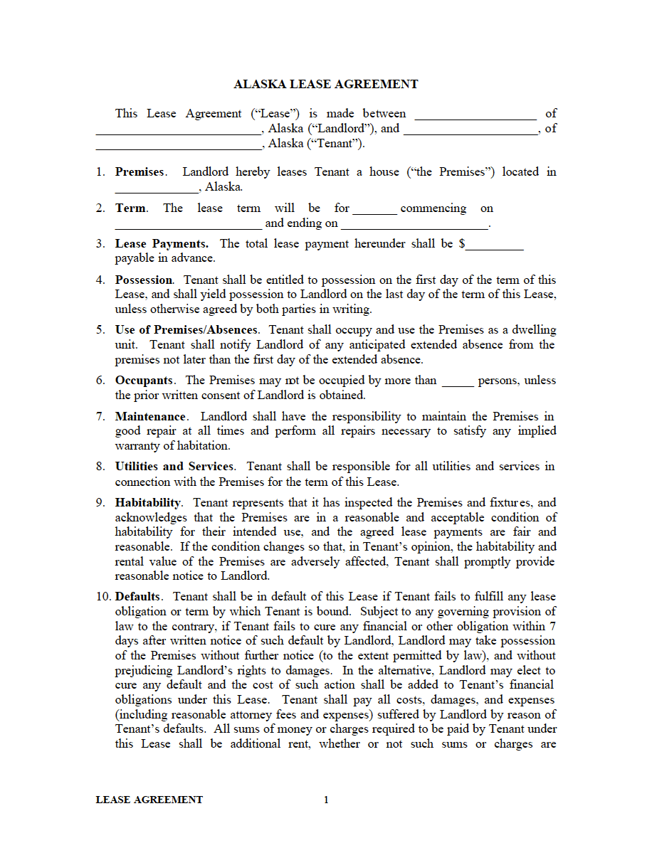 Free Alaska Standard Residential Lease Agreement | PDF | WORD