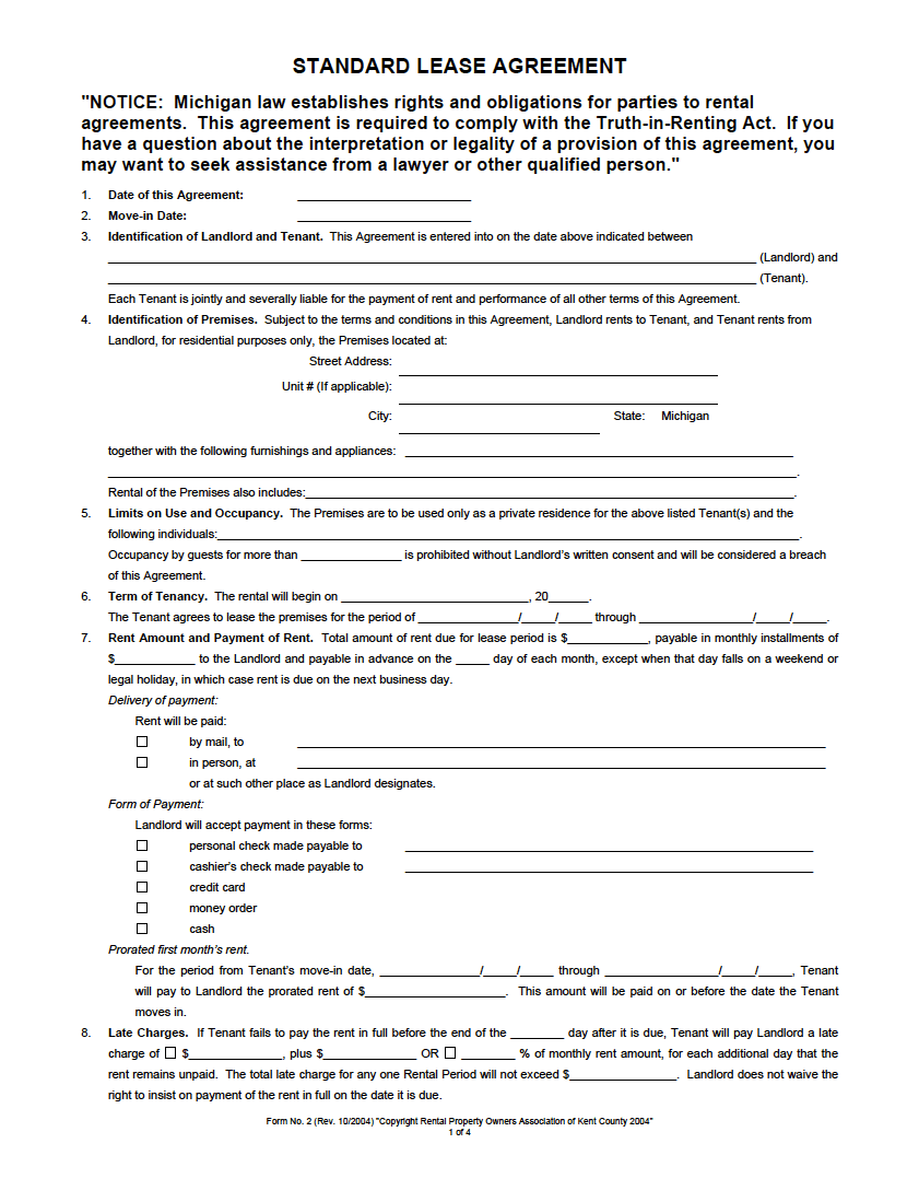 Free Michigan Standard Residential Lease Agreement PDF WORD RTF
