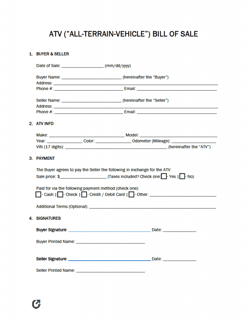 Free All Terrain Vehicle (ATV) Bill of Sale Form PDF WORD RTF