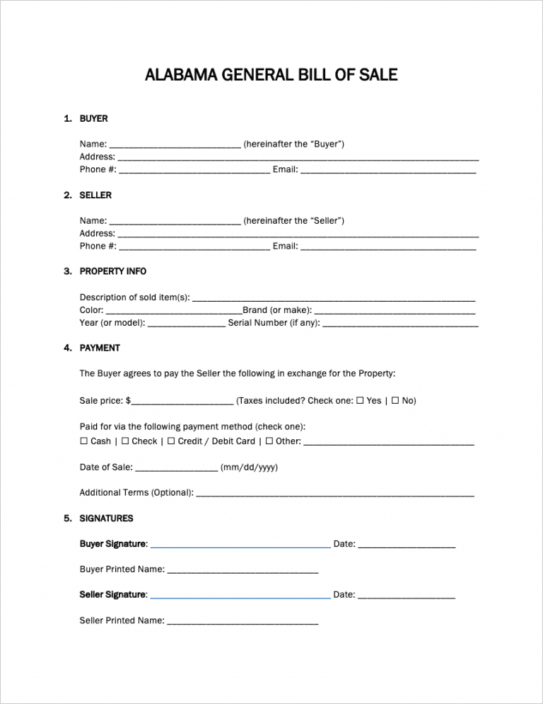 Alabama General Bill of Sale Form preview
