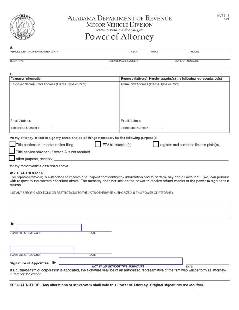 Alabama Vehicle Power of Attorney (MVT 5-13) preview