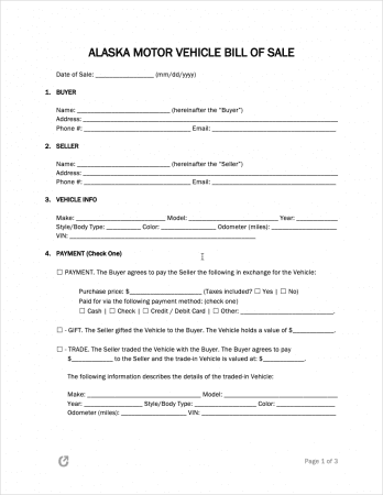 Free Alaska Motor Vehicle Bill of Sale Form PDF WORD RTF