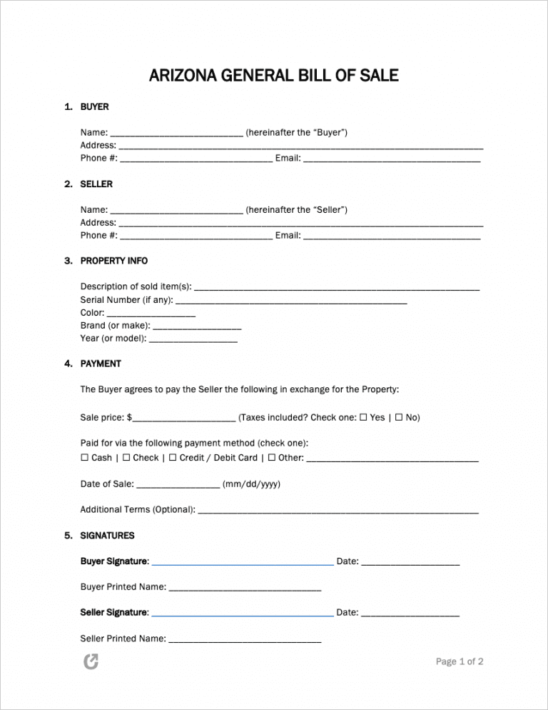 Arizona General Bill of Sale Form preview