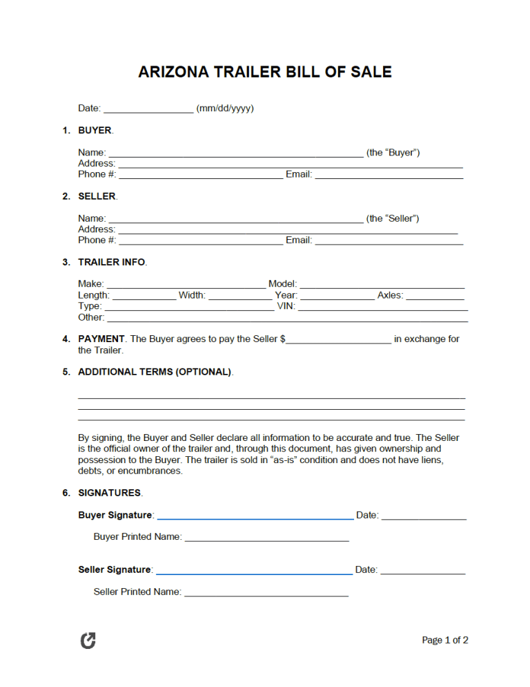 Arizona Trailer Bill of Sale Form preview