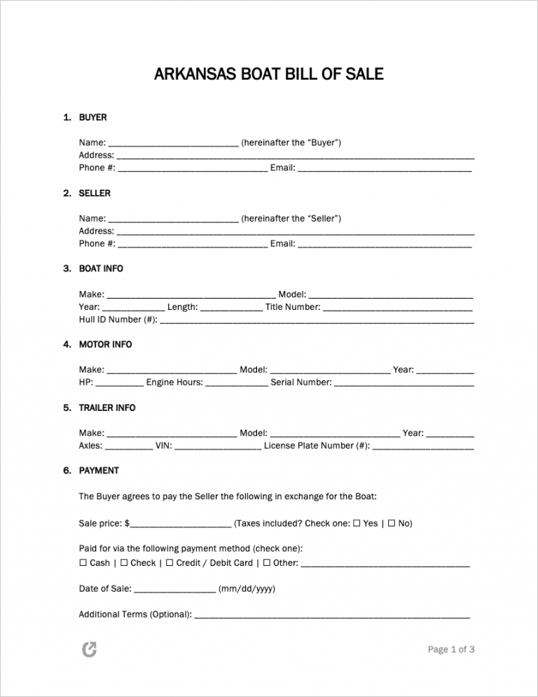 Arkansas Boat Bill of Sale Form preview