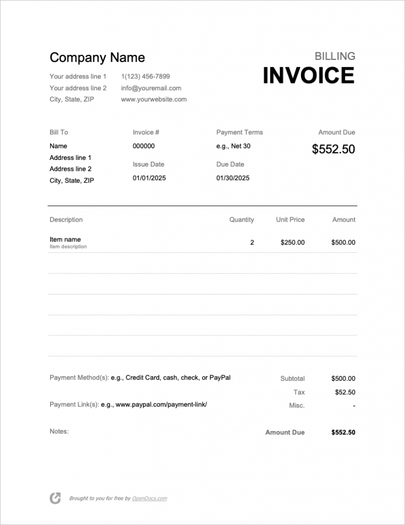 Free Billing Invoice Template PDF WORD EXCEL