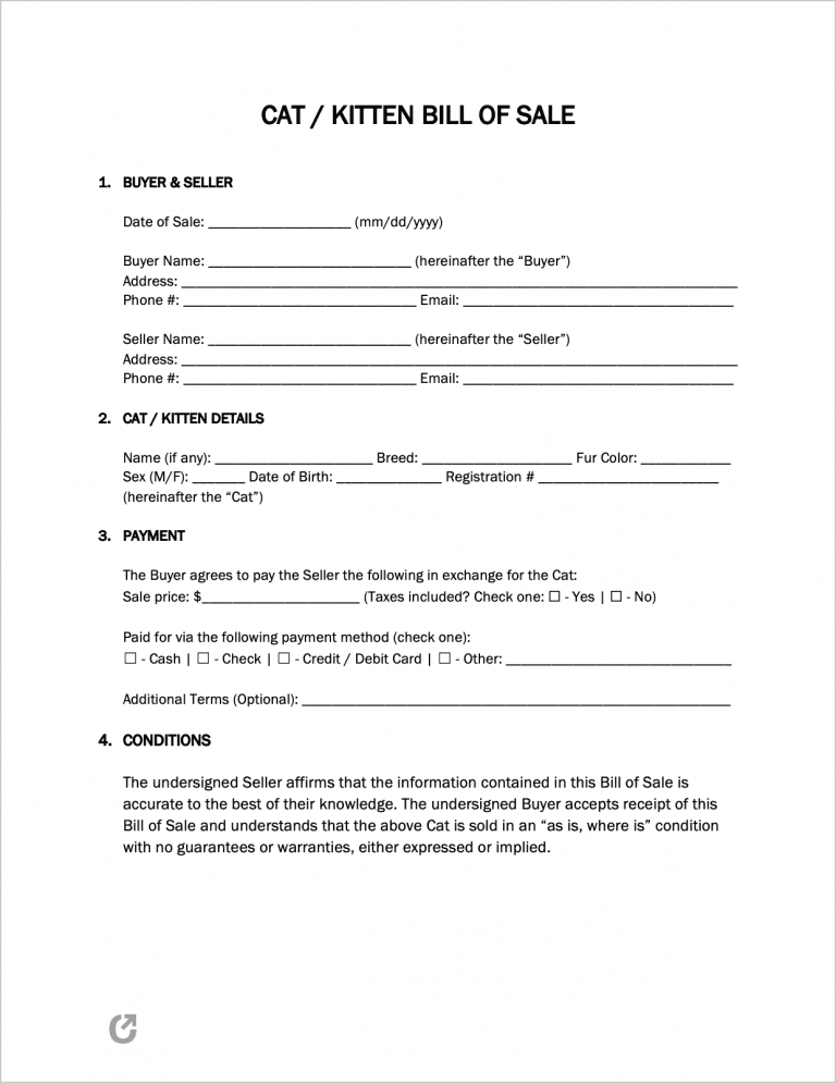 Cat / Kitten Bill of Sale Form preview