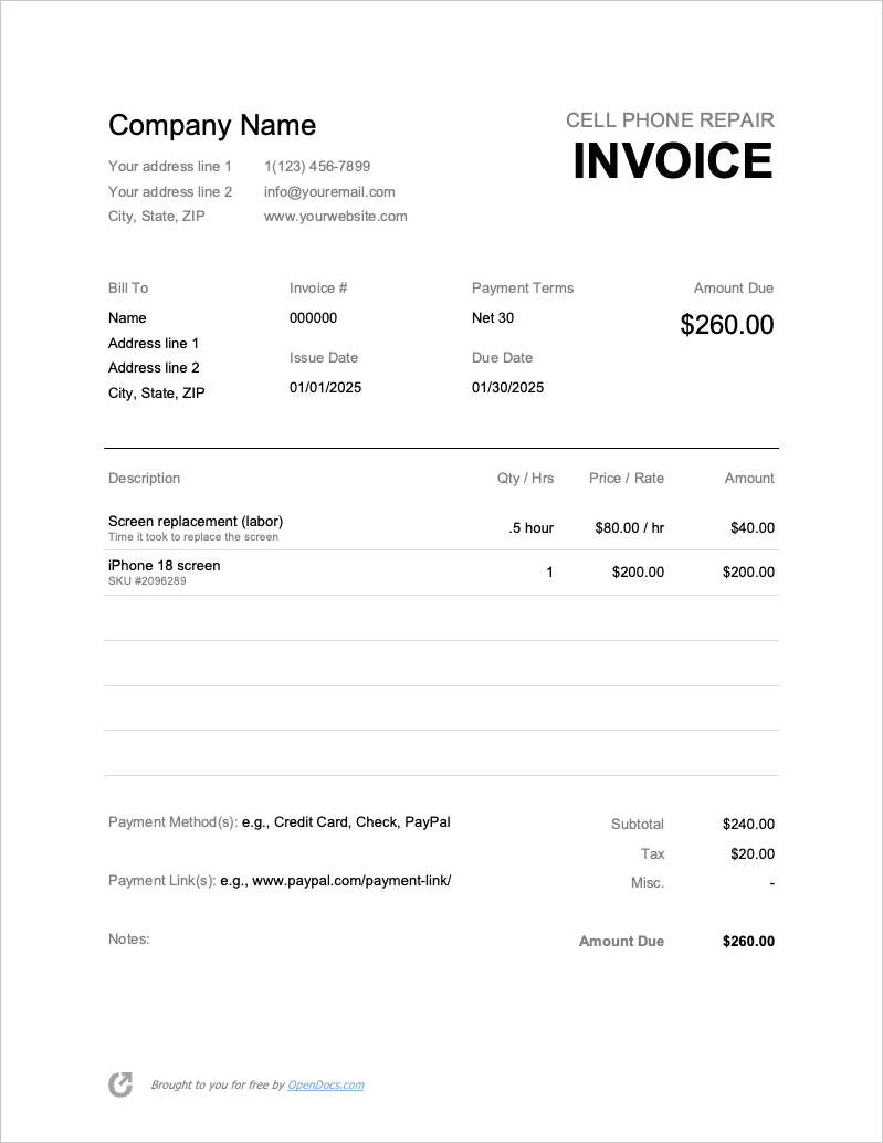 Free Cell Phone Repair Invoice Template | PDF | WORD | EXCEL