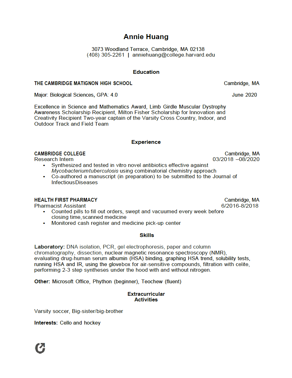 example of college application resume