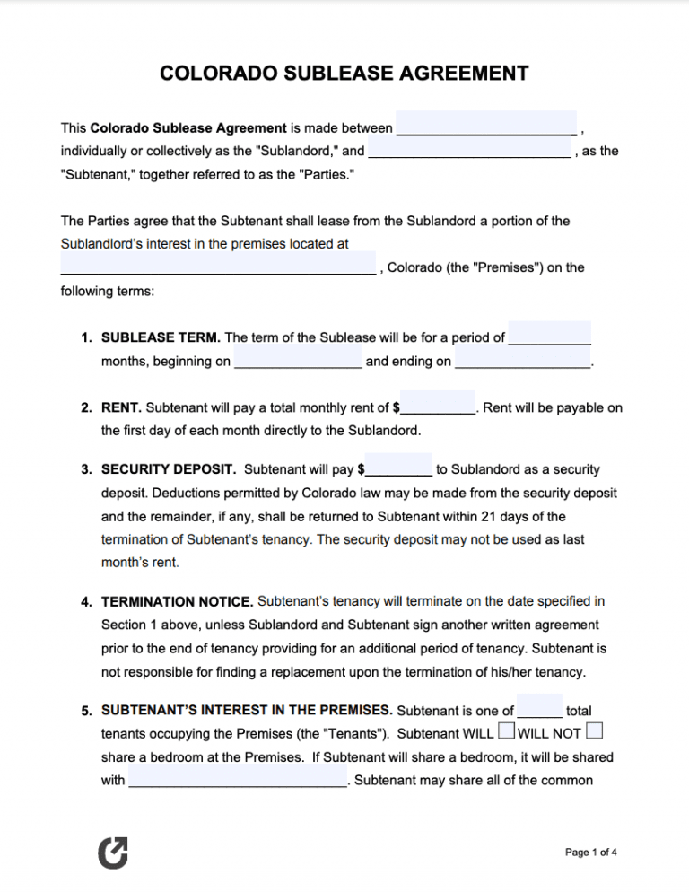 Free Colorado Sublease Agreement PDF WORD