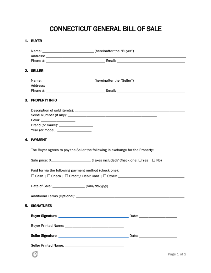 Free Connecticut General Bill of Sale Form PDF WORD RTF