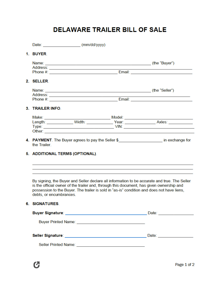 Free Delaware Trailer Bill of Sale Form PDF WORD RTF