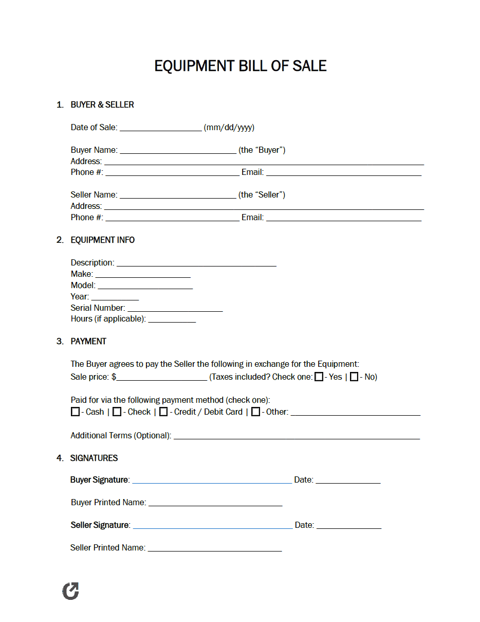 Free Equipment Bill of Sale Form PDF WORD RTF