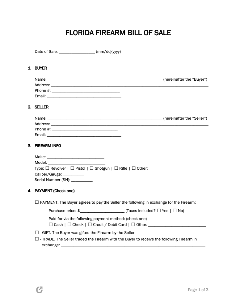 Free Florida Firearm Bill of Sale Form PDF WORD RTF