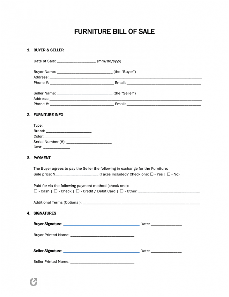 Furniture Bill of Sale Form preview
