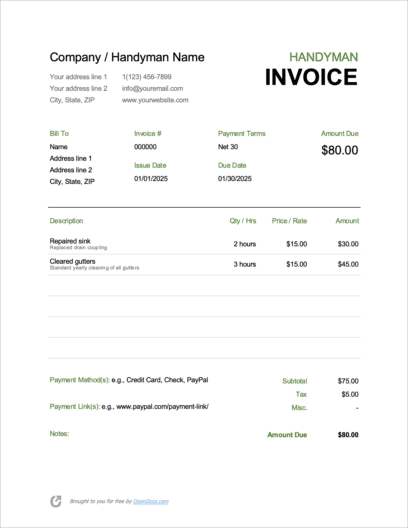 Free Handyman Invoice Template | PDF | WORD | EXCEL