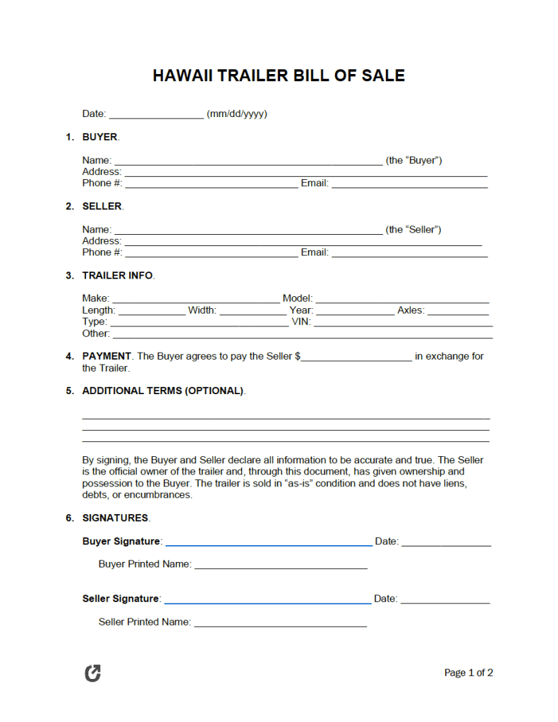 Free Hawaii Trailer Bill of Sale Form | PDF | WORD | RTF