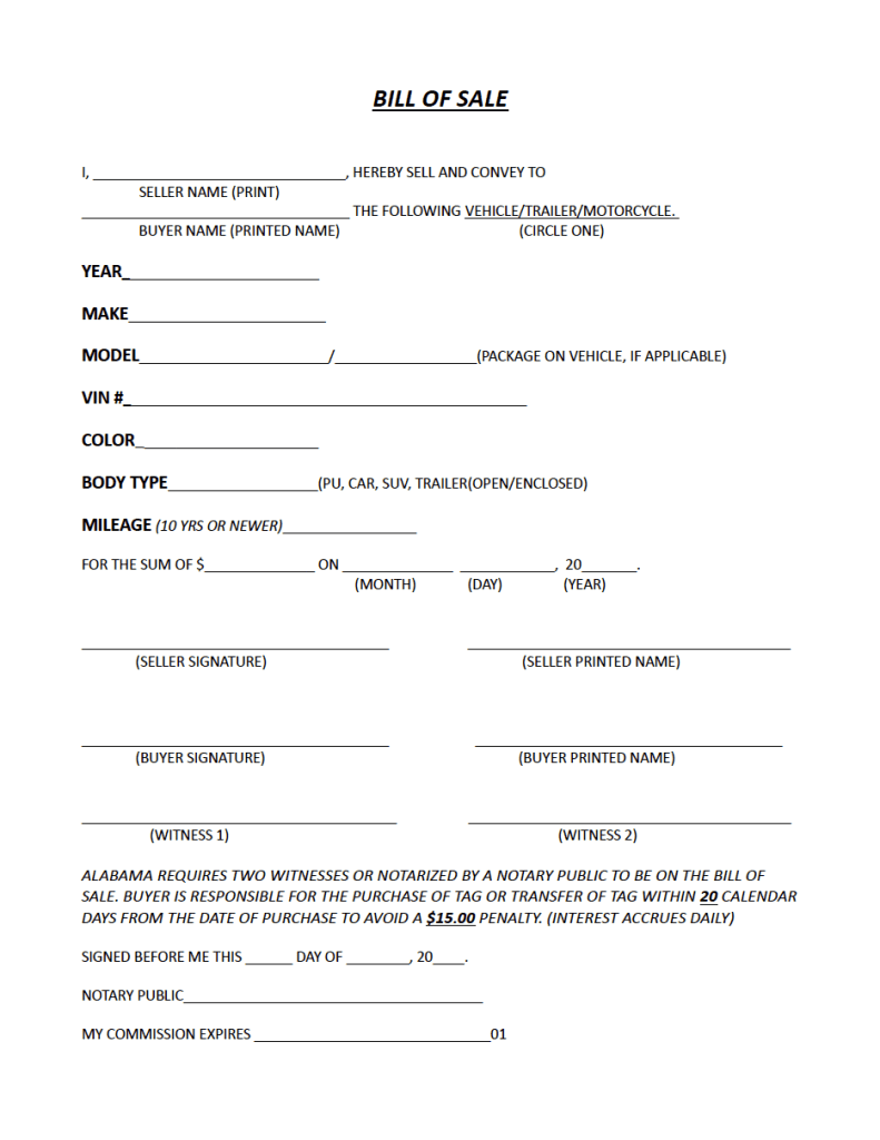 Free Alabama Trailer Bill of Sale Form PDF WORD RTF