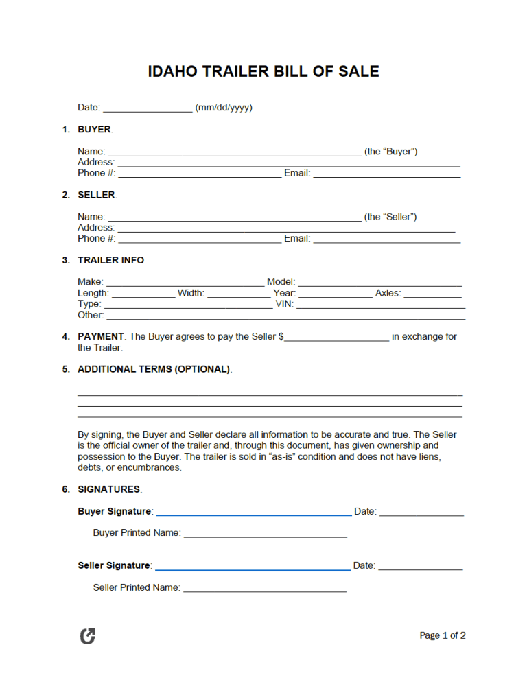 Idaho Trailer Bill of Sale Form preview