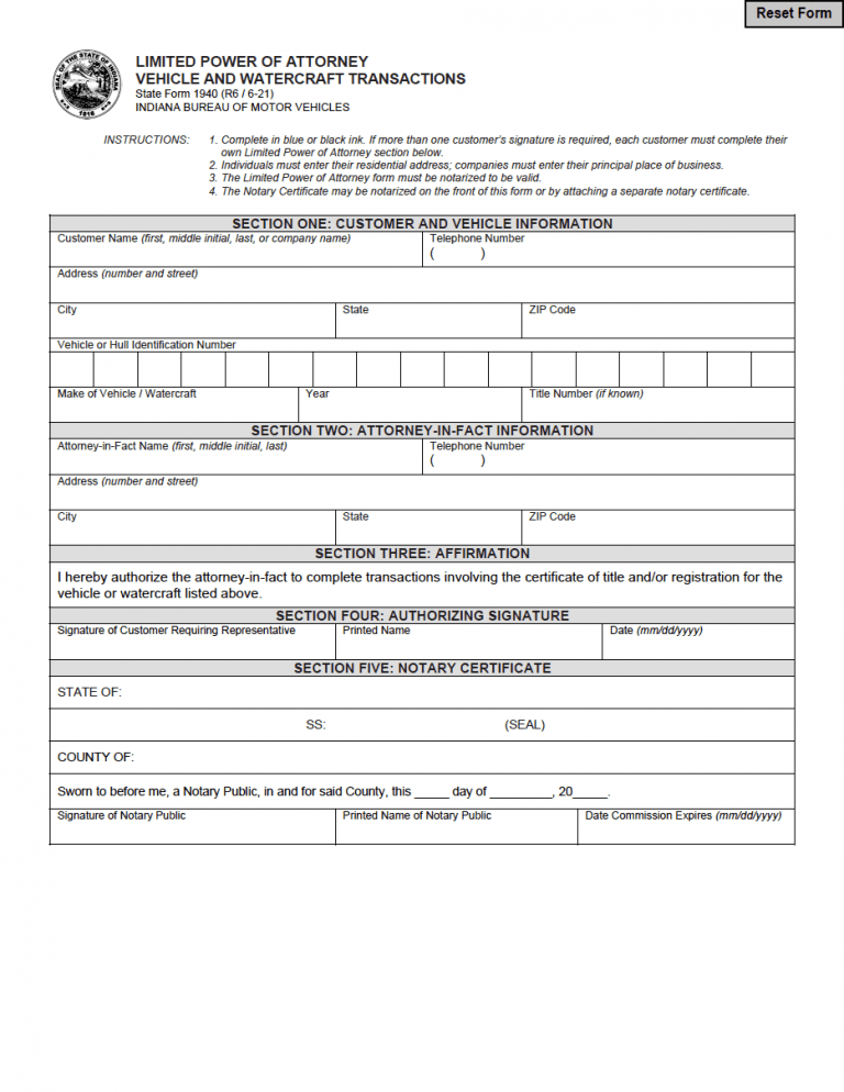Indiana Vehicle Power of Attorney (Form 01940) preview