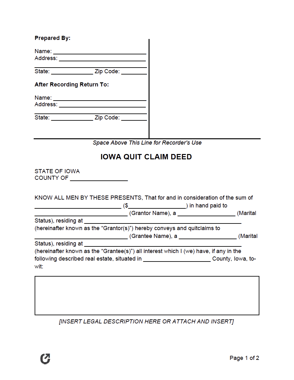 Free Iowa Quit Claim Deed Form PDF WORD RTF