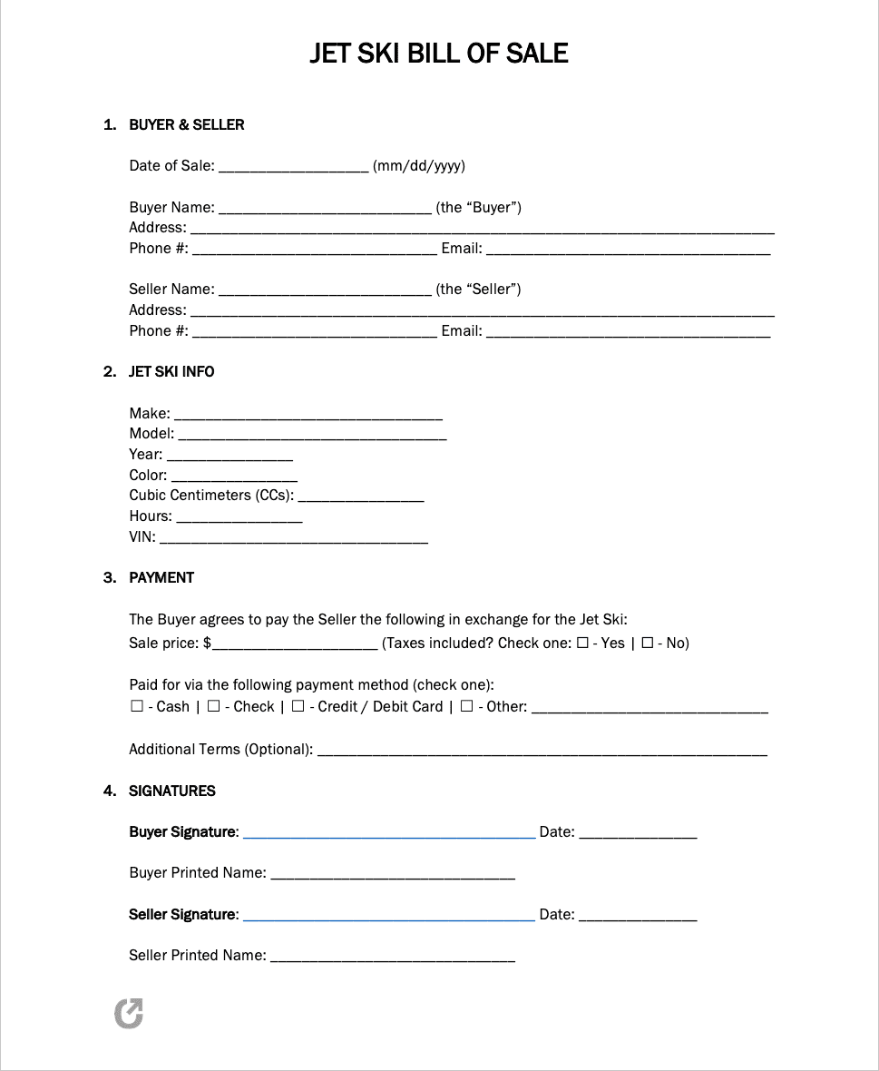 Free Jet Ski Bill of Sale Form PDF WORD RTF