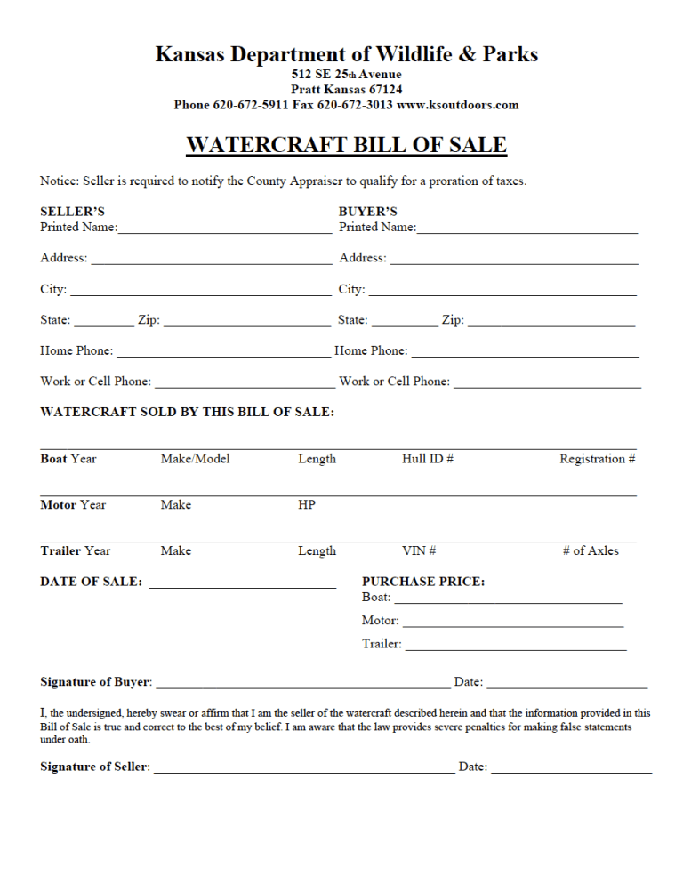 Free Kansas Trailer Bill of Sale Form PDF WORD RTF
