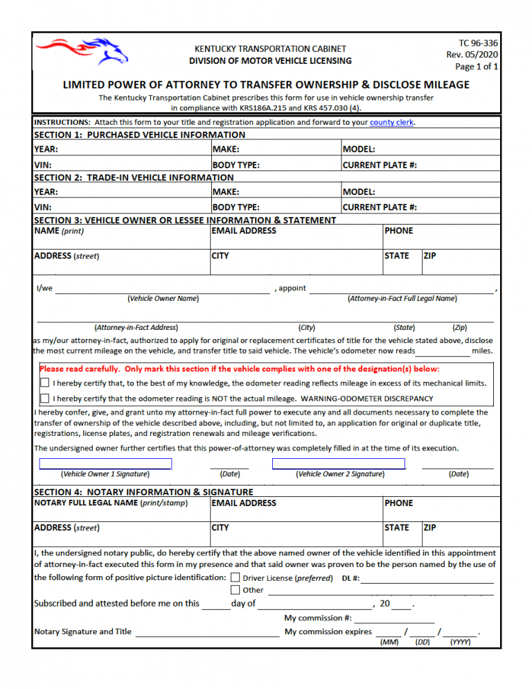 Kentucky Motor Vehicle Power of Attorney Form preview