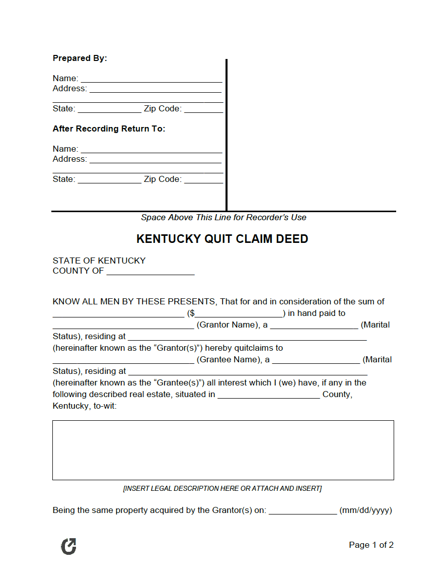 Free Kentucky Quit Claim Deed Form Pdf Word Rtf 6144