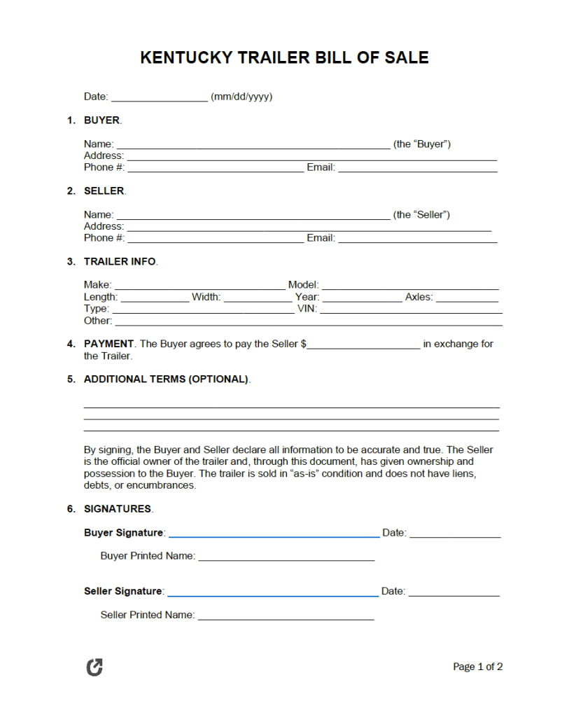 Free Kentucky Trailer Bill of Sale Form PDF WORD RTF