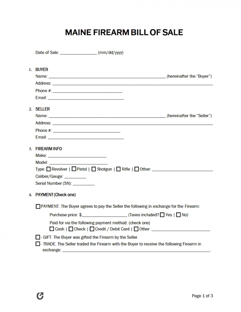 Maine Firearm Bill of Sale Form preview