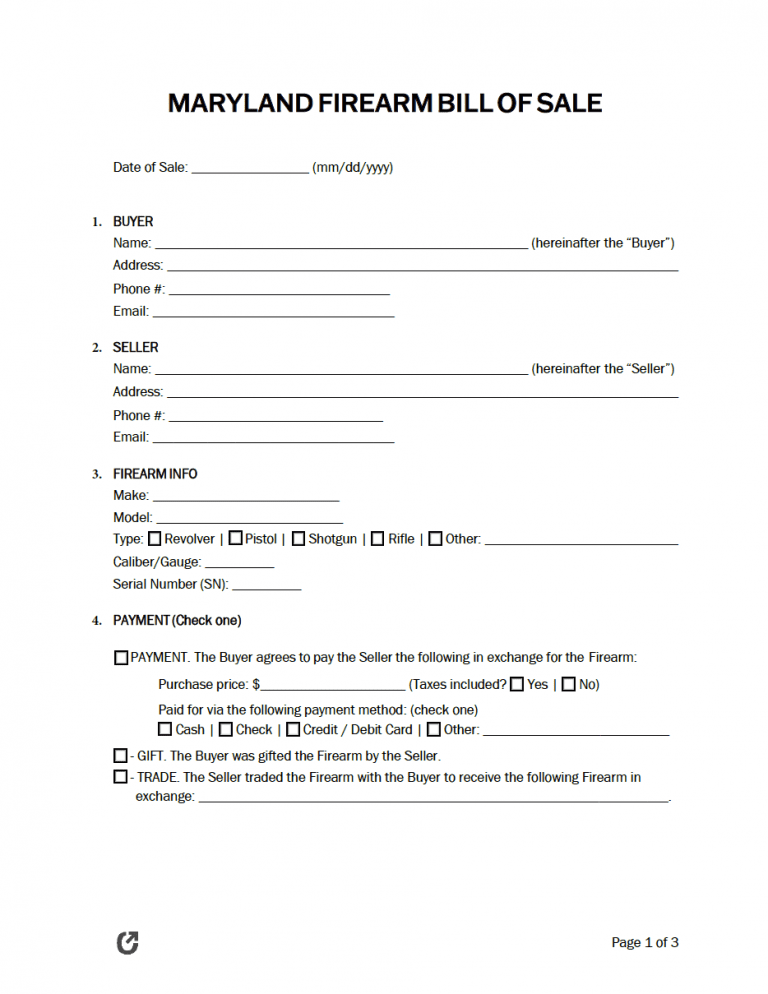 Maryland Firearm Bill of Sale Form preview