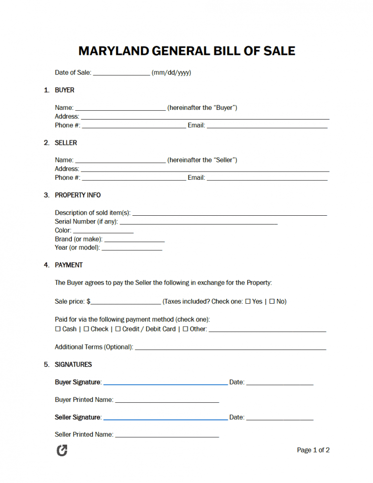 Maryland General Bill of Sale Forms preview