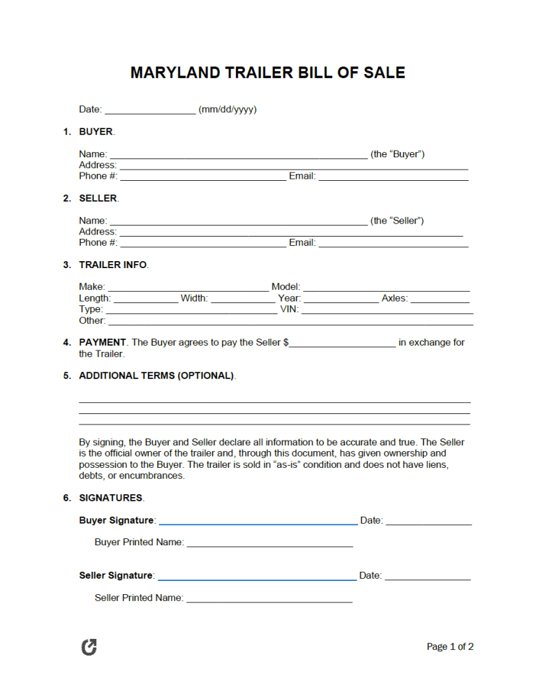 Maryland Trailer Bill of Sale Form preview