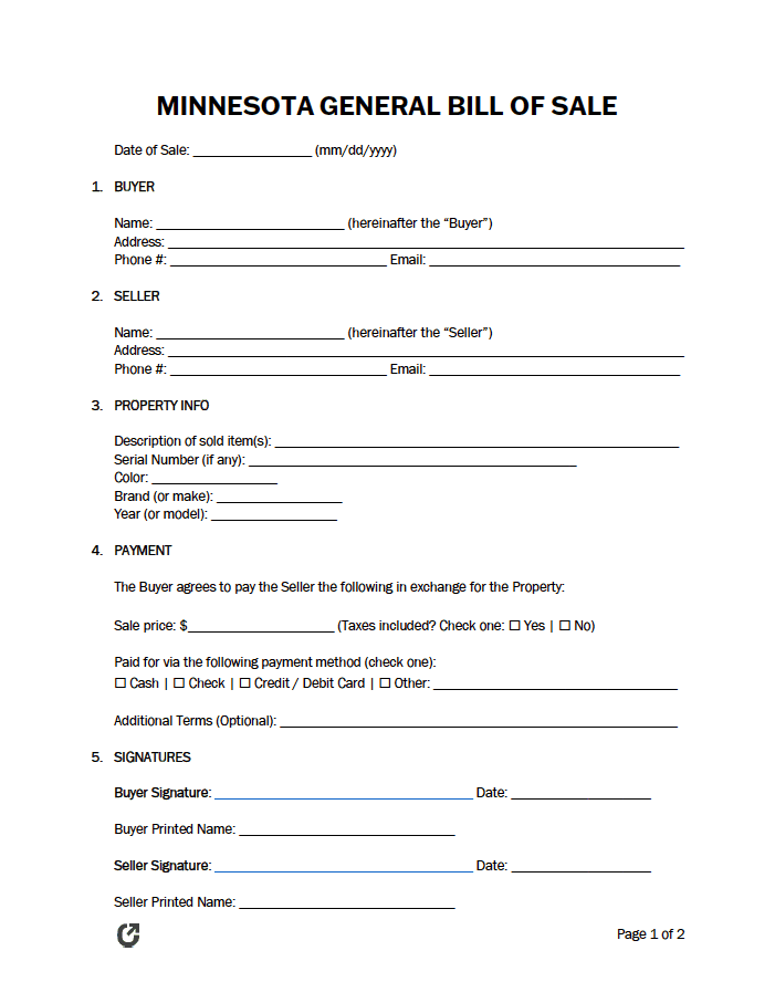 Free Minnesota General Bill of Sale Form PDF WORD RTF
