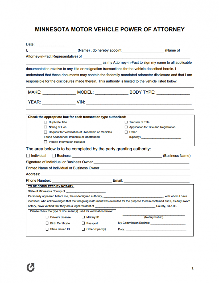 Minnesota Vehicle (DMV) Power of Attorney Form preview
