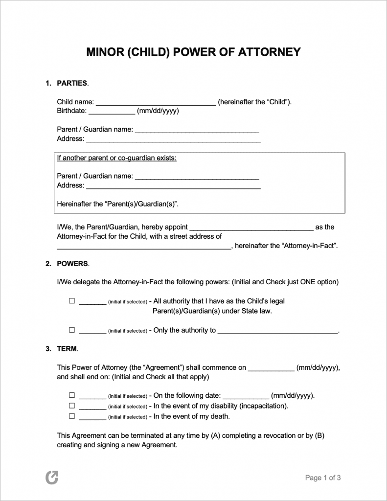 Free Minor Child Power of Attorney Forms | PDF | WORD | RTF