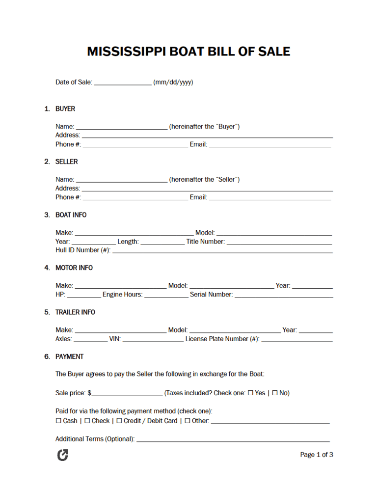 Mississippi Boat Bill of Sale Form preview