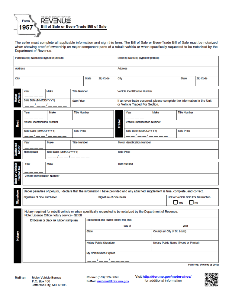 Missouri Boat Bill of Sale Form preview