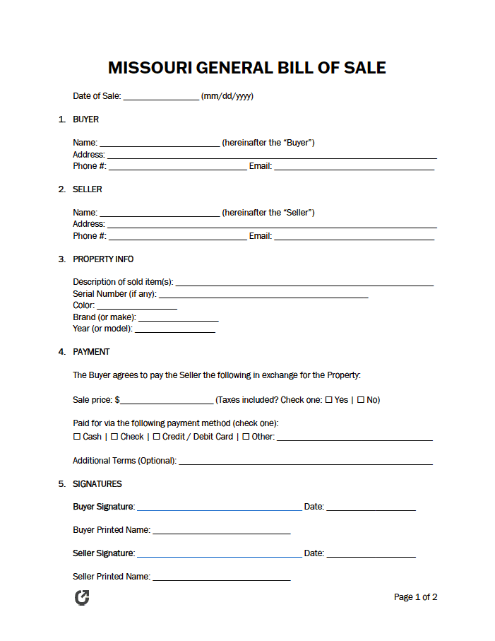 Free Missouri General Bill of Sale Form PDF WORD RTF