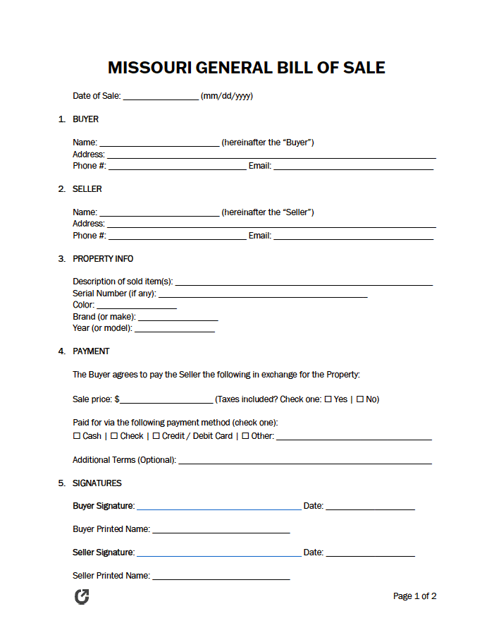Free Missouri General Bill Of Sale Form PDF WORD RTF Free Missouri General Bill Of Sale Form PDF WORD RTF