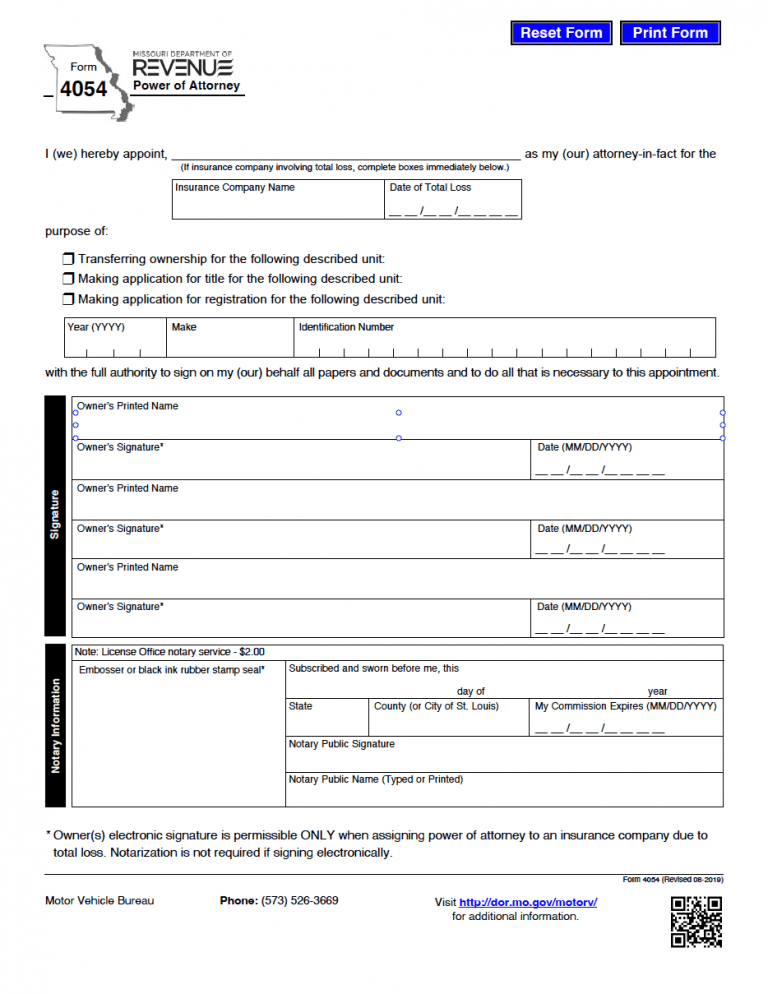 Missouri Vehicle Power of Attorney (Form 4054) preview