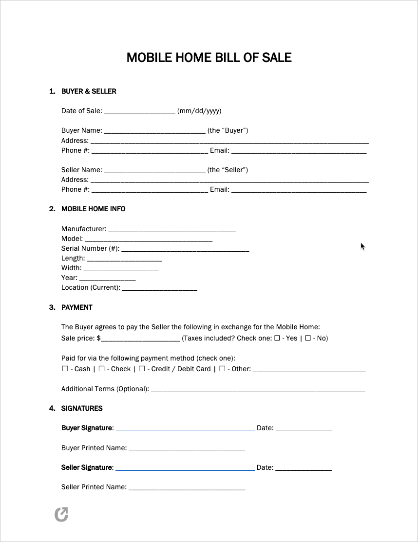 Free Printable Bill Of Sale Form For Mobile Home